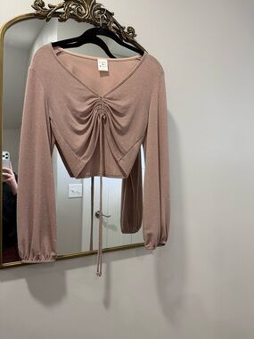 By Together Shimmery Blush Ruched Long Sleeve Crop Top
